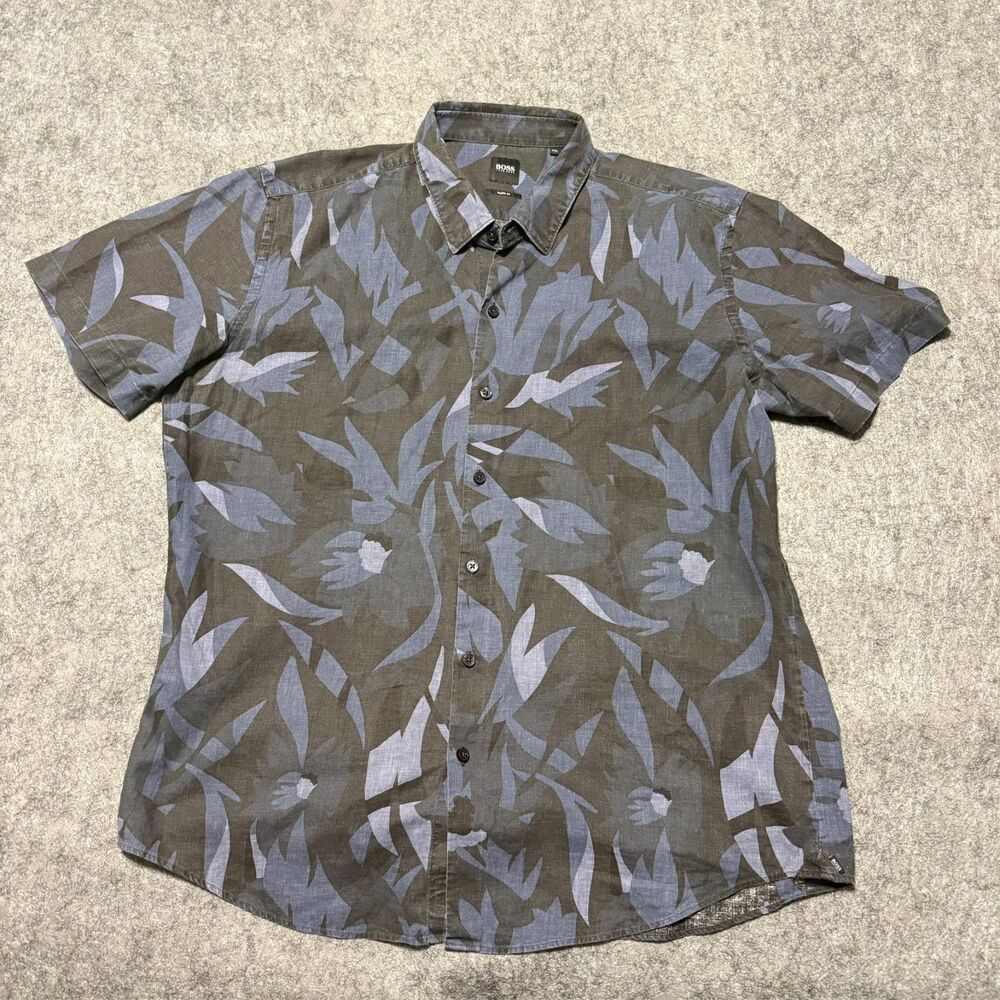 Hugo Boss Shirt Mens XXL 2XL Sharp Fit Linen Cotton Tropical Leaf Button Up SS